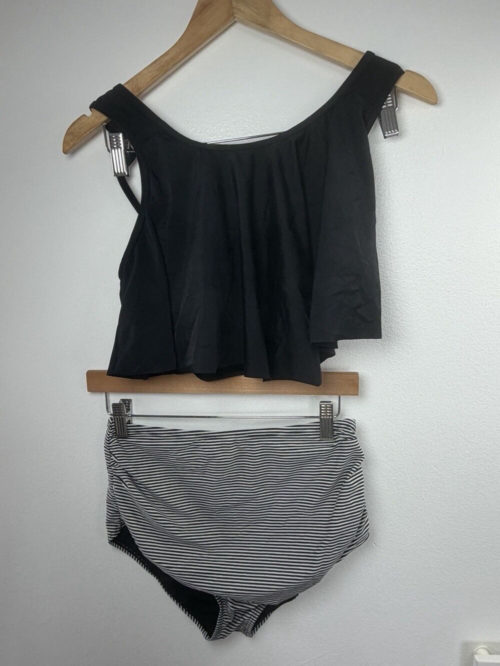 2Piece Tankini Swimsuit Black Ruffle Top Striped High Waist Size S